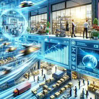  image representing the real-world applications of SkuNexus in retail and distribution. The visual includes scenes from a bustling boutique clothing store, a high-speed eCommerce distribution center, and an organized major distribution hub, all enhanced by SkuNexus software.