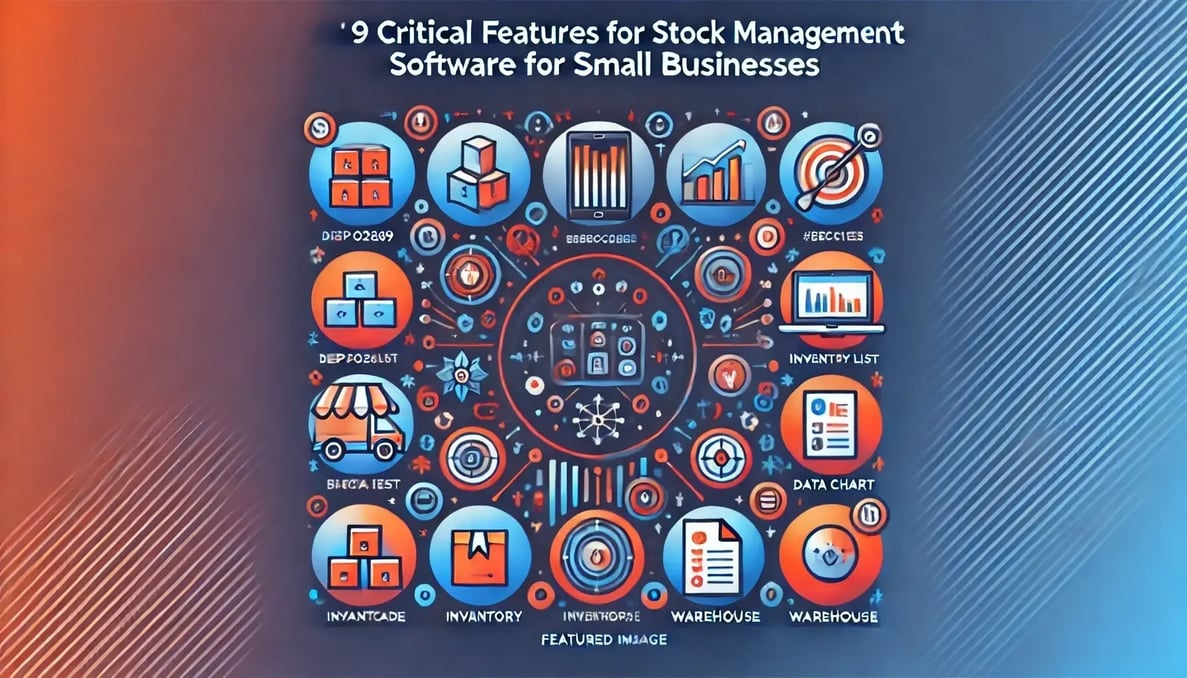 Featured image for the guide '2025’s Best Stock Management Software for Small Business' showing clear text with a modern design incorporating inventory management elements like barcodes and graphs, optimized for small business inventory management and stock control software.