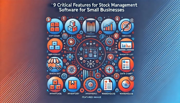 Featured image for the guide '2025’s Best Stock Management Software for Small Business' showing clear text with a modern design incorporating inventory management elements like barcodes and graphs, optimized for small business inventory management and stock control software.