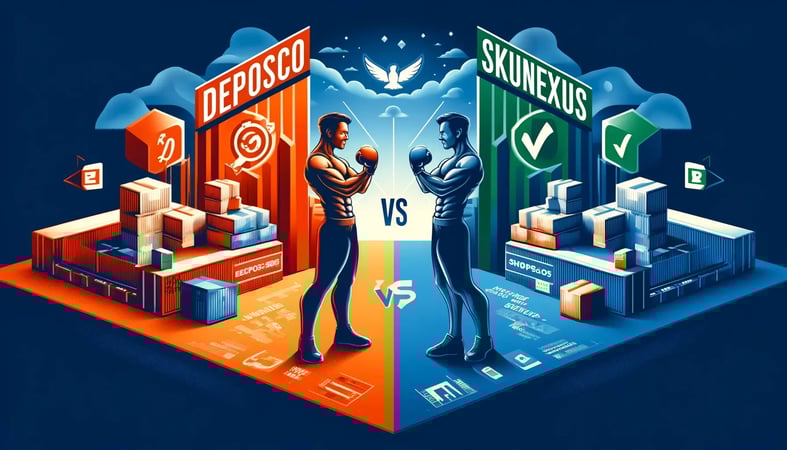 Dynamic illustration of a boxing match depicting SkuNexus knocking out Deposco, symbolizing SkuNexus as the superior choice among Deposco alternatives and competitors. The image showcases the strength and victory of SkuNexus with the text "Deposco vs SkuNexus" prominently displayed.