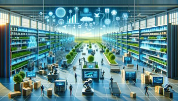image for the section "Future Trends in SaaS WMS Technology." The image visually captures a futuristic warehouse equipped with cutting-edge technologies like AI, IoT devices, and sustainable practices, representing the next generation of warehouse management systems. You can view and use this image for your guide.
