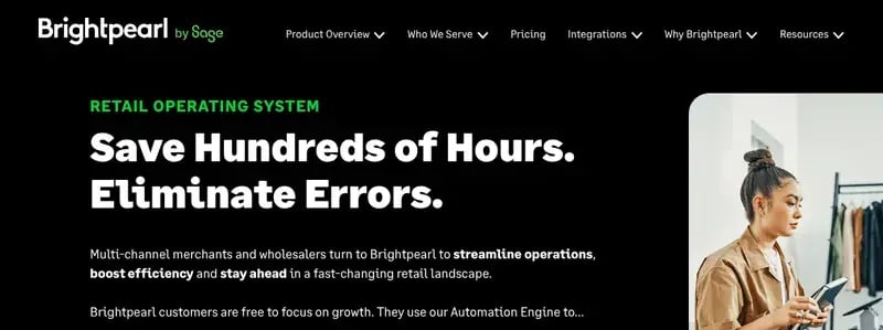 Brightpearl by Sage homepage describing its retail operating system for multichannel merchants and wholesalers