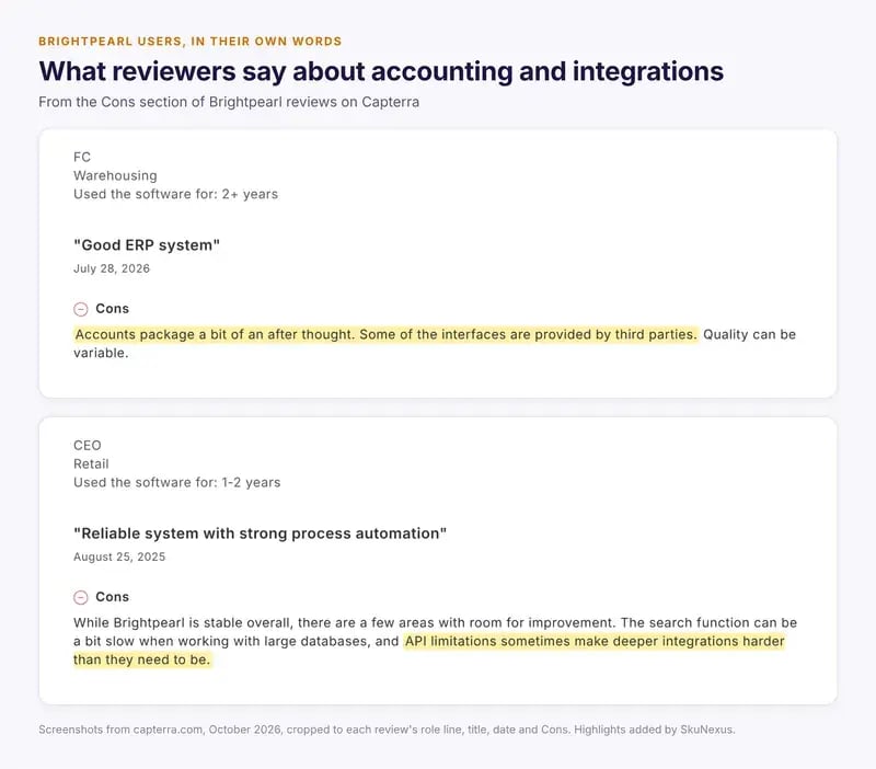 Two Brightpearl reviews on Capterra about the accounting package and API limitations