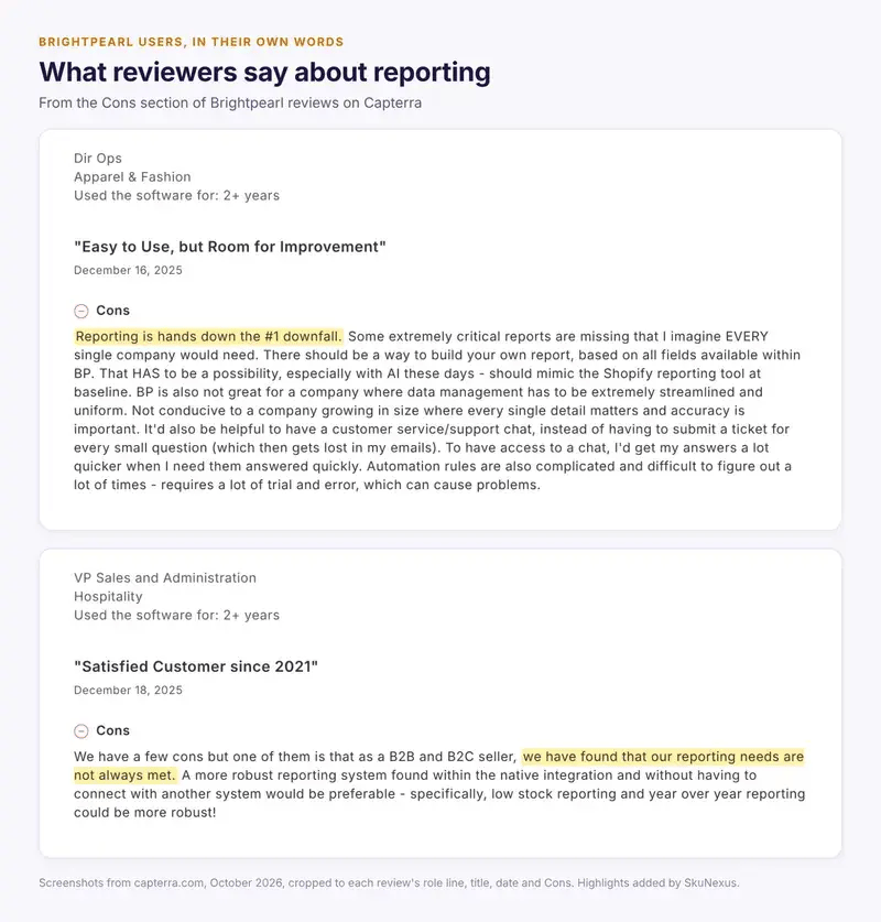 Two Brightpearl reviews on Capterra about reporting gaps, from a director of operations in apparel and a VP of sales in hospitality