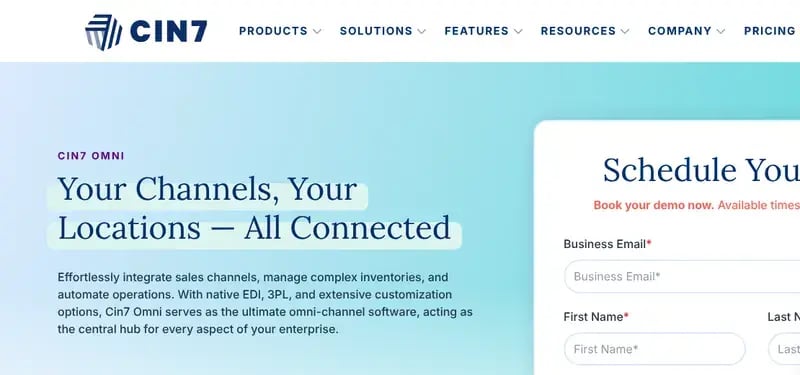 Cin7 Omni product page headline: your channels, your locations, all connected, with demo form