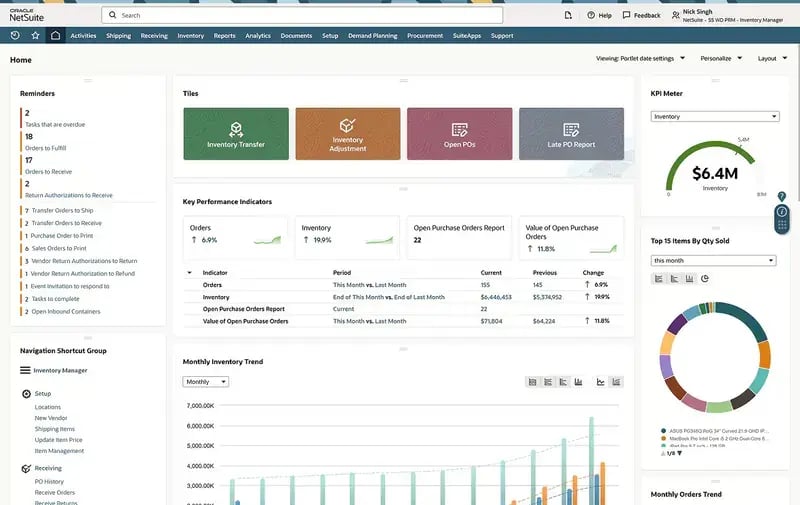 Oracle NetSuite inventory manager dashboard with reminders, KPI tiles and monthly inventory trend