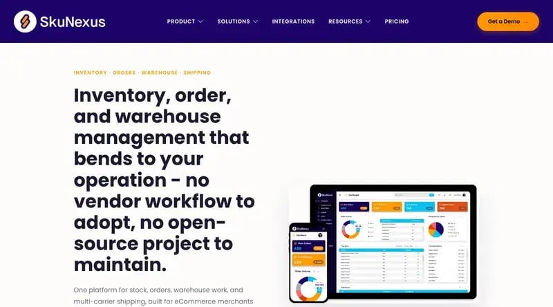 SkuNexus homepage: inventory, order and warehouse management that bends to your operation, with dashboard on desktop and mobile