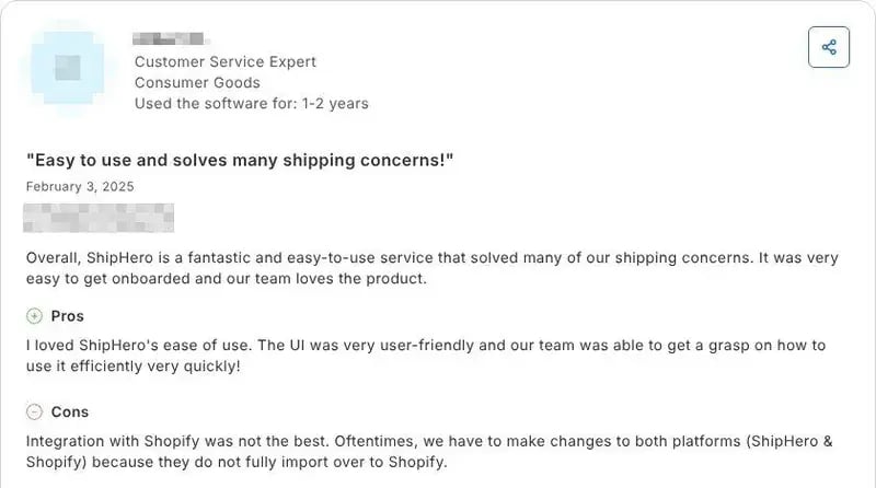 Capterra ShipHero review titled easy to use, with a con that changes do not fully import to Shopify