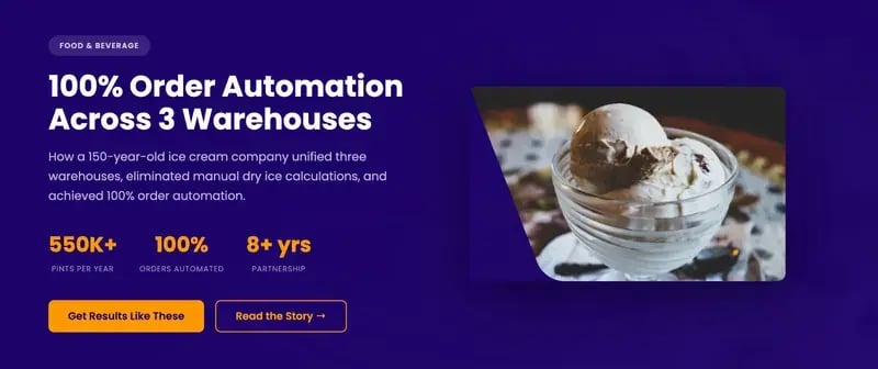 Graeter's Ice Cream customer story header: 100% order automation across 3 warehouses, 550K+ pints per year