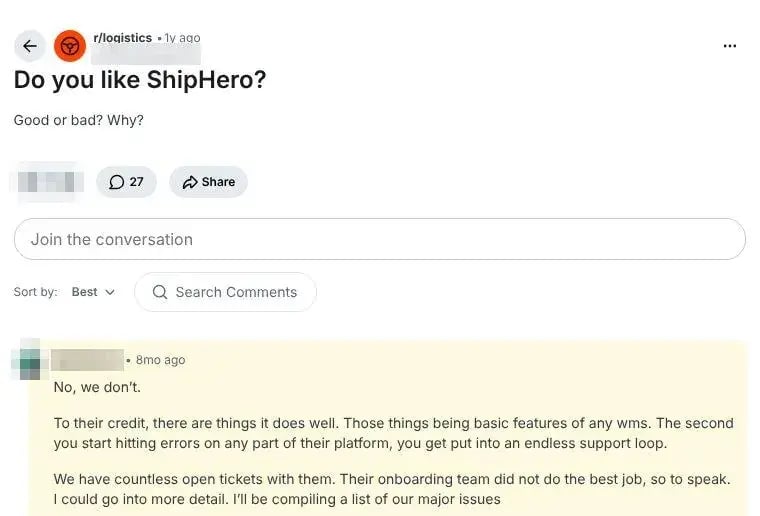 Reddit r/logistics thread asking whether people like ShipHero, with a reply describing an endless support loop
