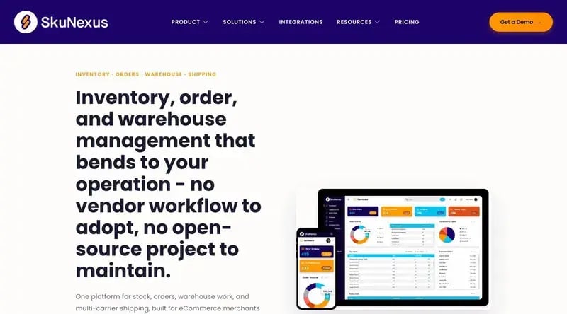 SkuNexus homepage: inventory, order and warehouse management that bends to your operation