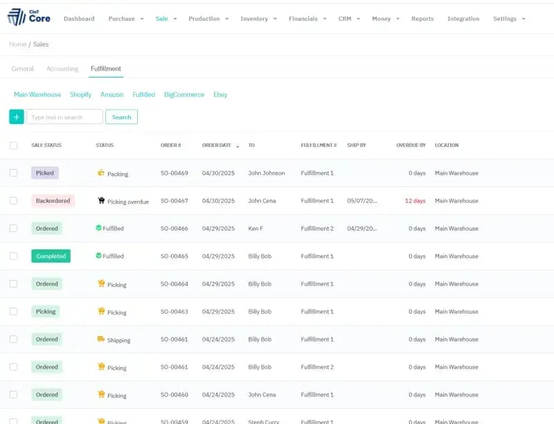 Cin7 Core sales list with order statuses