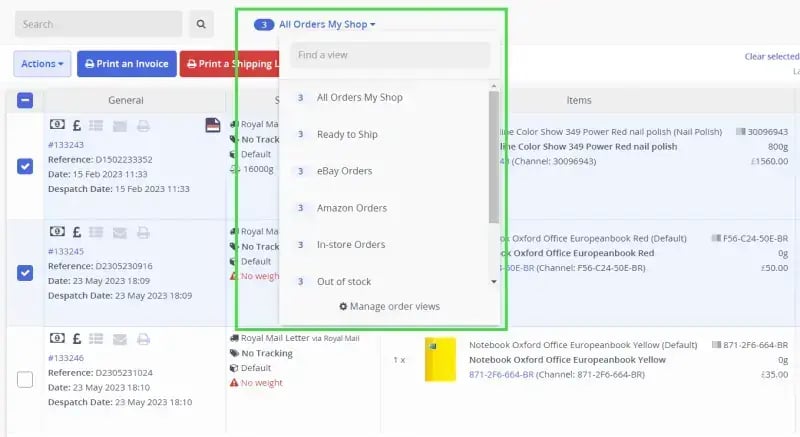Linnworks Open Orders screen with saved views for eBay, Amazon and in-store orders