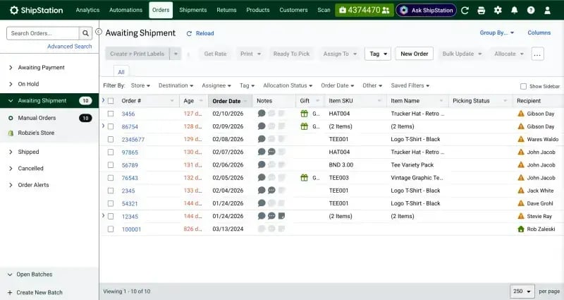 ShipStation Awaiting Shipment orders grid in the current interface