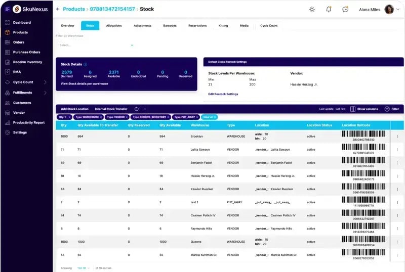 SkuNexus product stock screen showing on-hand, available and reserved quantities by warehouse and vendor location with barcodes