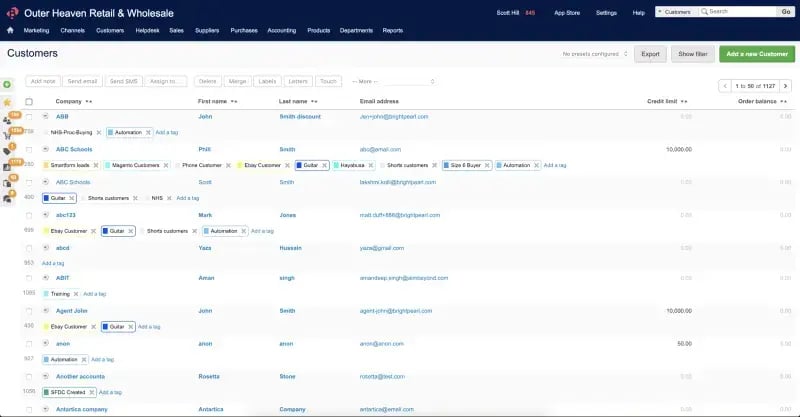 Brightpearl customers list with the Customers menu open showing accounting and list options