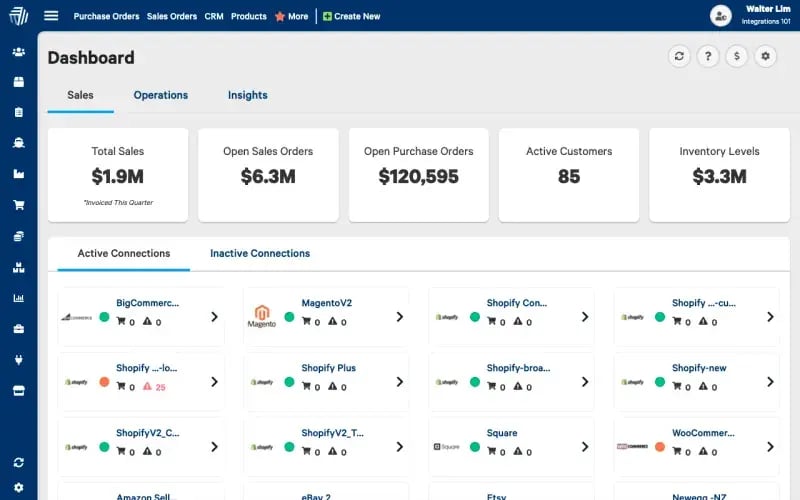 Cin7 Omni dashboard with connected sales channels