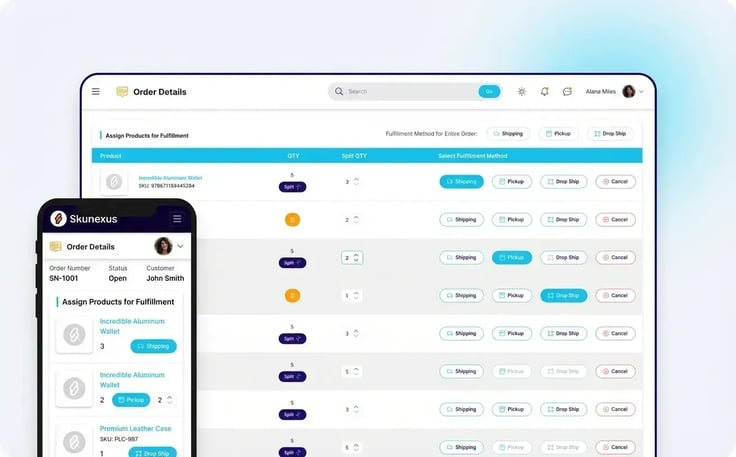 SkuNexus split-order fulfillment screen on desktop and mobile