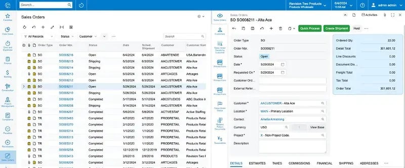 Acumatica sales orders list and order detail screen showing customer, location and order totals