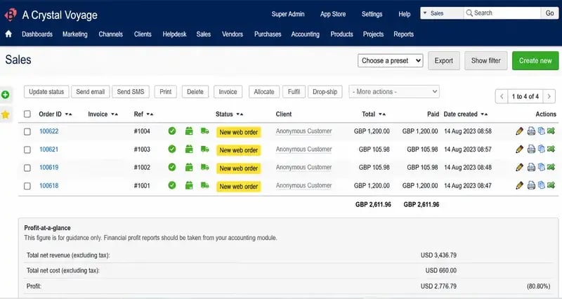 Brightpearl sales order list with order status, totals and profit-at-a-glance panel