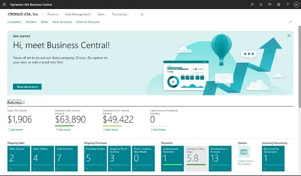 Microsoft Dynamics 365 Business Central home screen with sales, purchasing and payments activity tiles