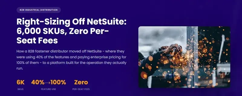 SkuNexus customer story header for a B2B fastener distributor that moved off NetSuite: 6,000 SKUs and zero per-seat fees