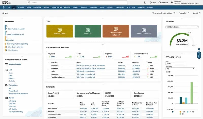 NetSuite home dashboard with reminders, KPI tiles, financial indicators and an A/P aging graph