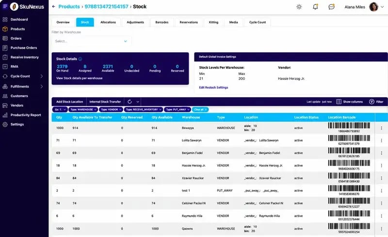 SkuNexus product stock screen showing on-hand, available and reserved quantities by warehouse and vendor location with barcodes