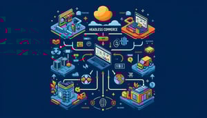 image illustrating the concept of "headless commerce," showing the separation of the frontend from the backend in an e-commerce system. The design highlights the distinct but interconnected nature of frontend user interfaces and backend data management, using your brand colors for a cohesive visual presentation.