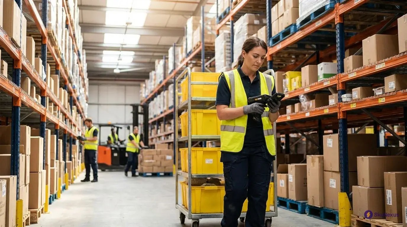 Warehouse picker using AI-optimized routing system that reduces travel distance by 40% in fulfillment center