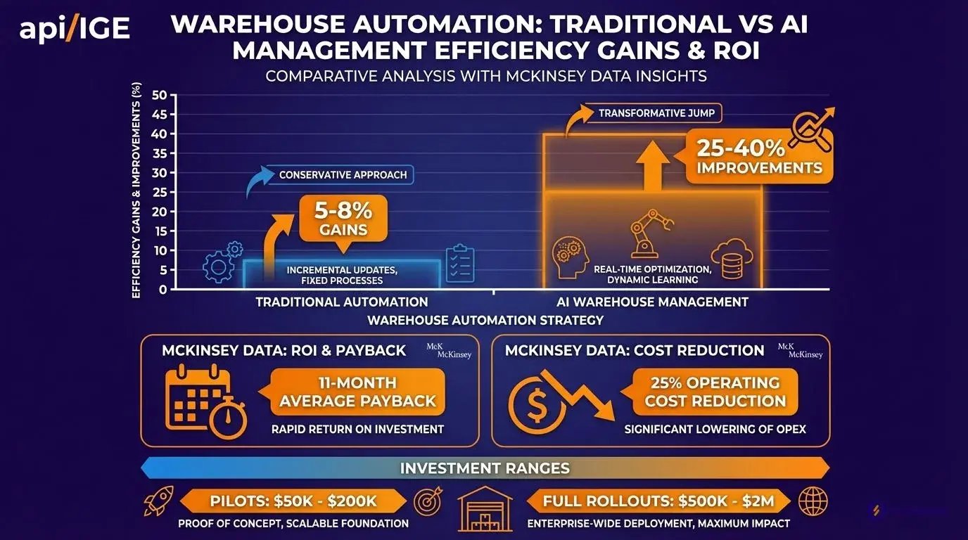 ROI comparison chart showing AI warehouse operations deliver 25-40% improvements vs 5-8% from traditional automation