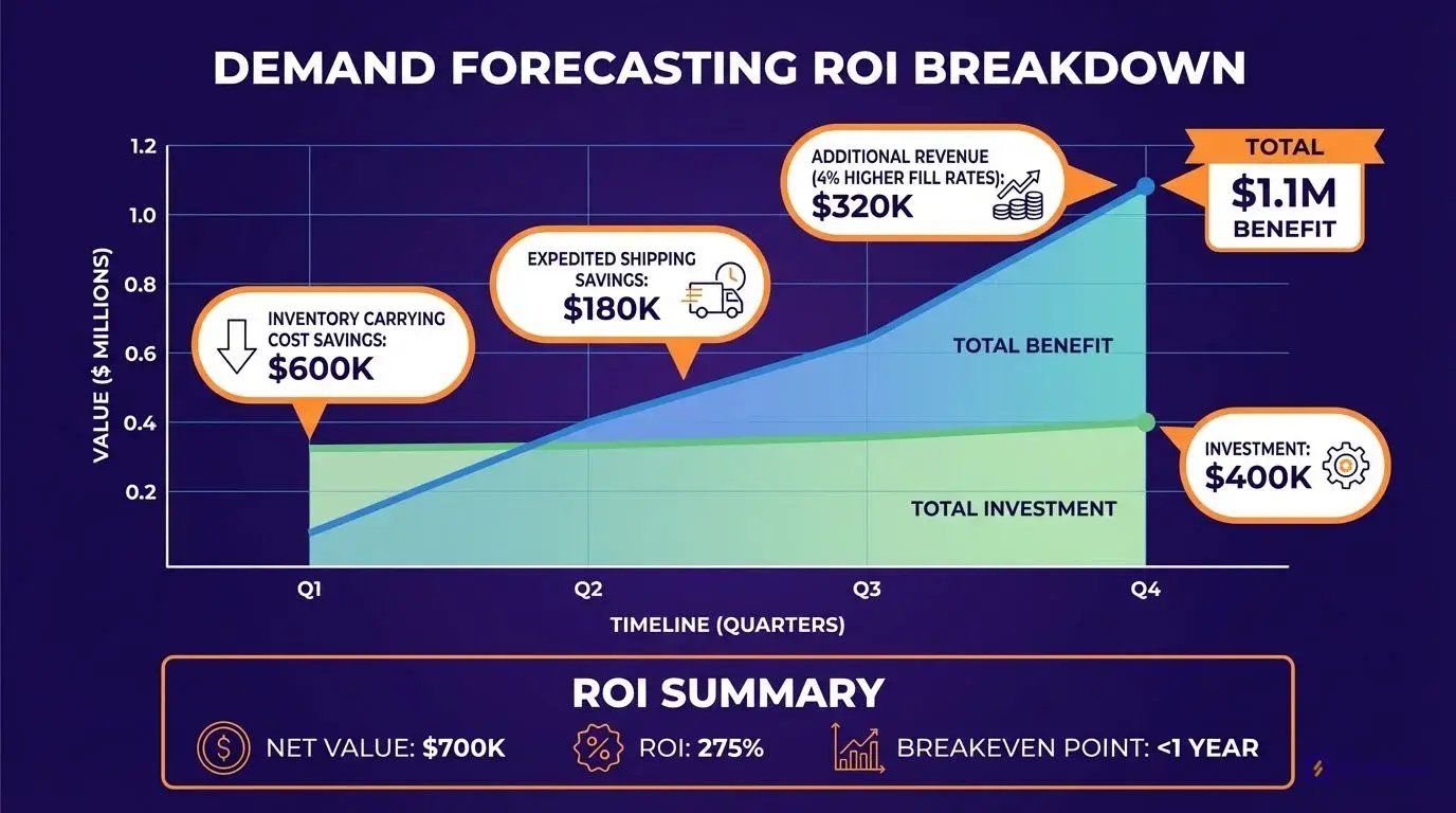 Demand forecasting AI ROI chart showing $1.1M first-year benefits from reduced safety stock and improved fill rates