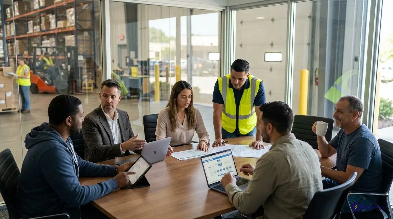 AI implementation tiger team meeting with warehouse operations, IT, and finance professionals