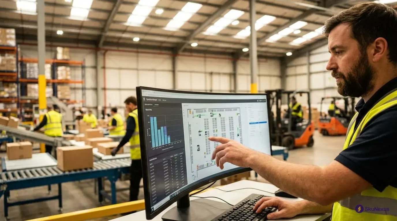 Automated order routing system dashboard in fulfillment center showing real-time inventory and shipping optimization