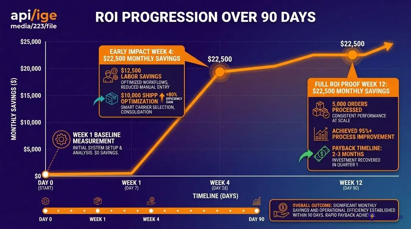 90-day ROI timeline chart for automated order routing showing $22,500 monthly savings and 300-500% first-year returns