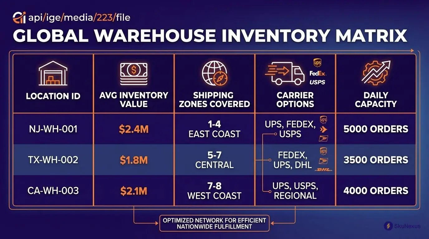 Inventory location matrix table showing warehouse capacity, shipping zones, and carrier options for order routing