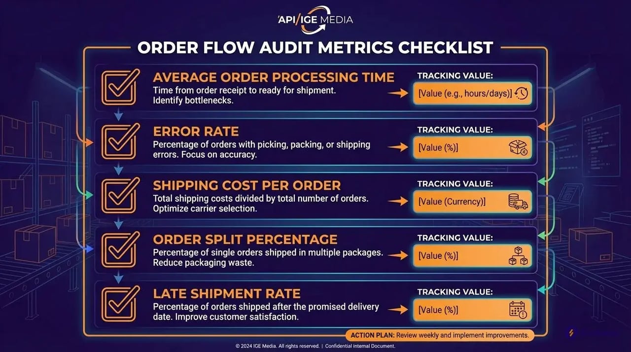 Order flow audit checklist showing 5 key metrics for automated routing implementation
