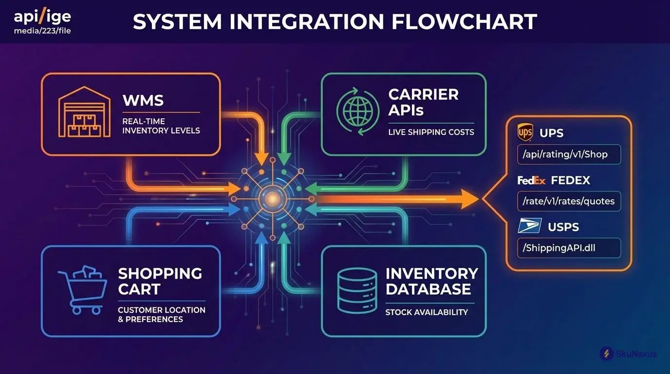 Order routing system integration flowchart showing WMS, shopping cart, carrier API, and inventory database connections