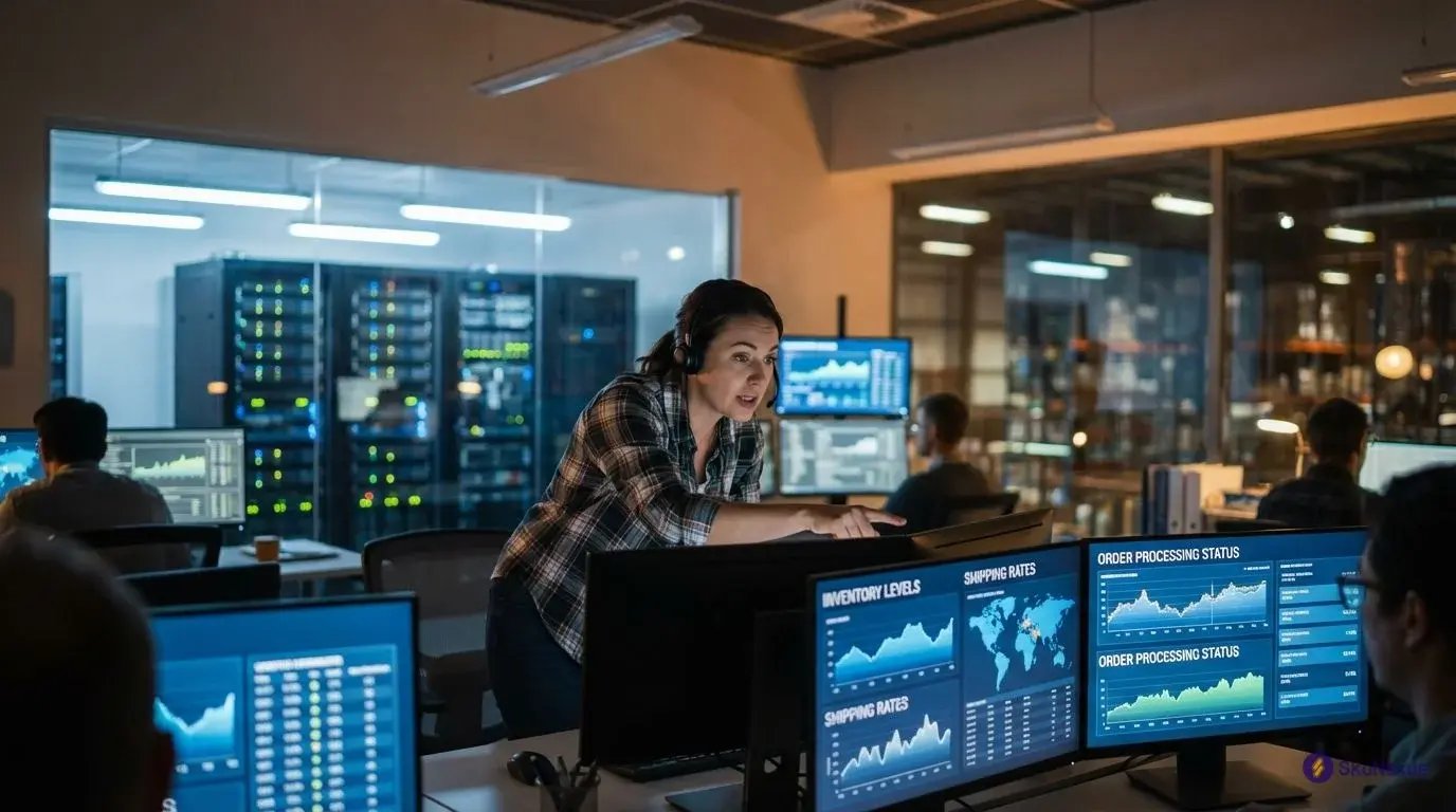 Warehouse control room showing automated order routing system processing multiple orders with real-time inventory tracking