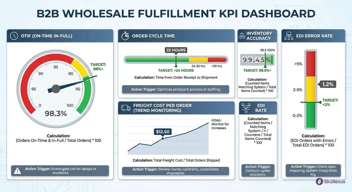 B2B wholesale fulfillment KPI dashboard showing OTIF, order cycle time, inventory accuracy, freight costs, and EDI error rates