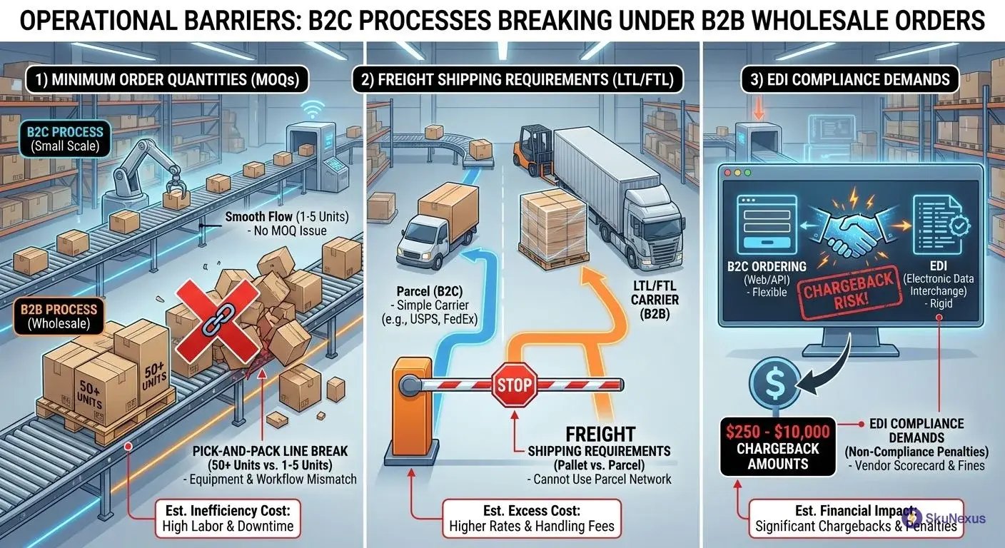 B2B wholesale fulfillment operational barriers showing minimum order quantities, freight shipping requirements, and EDI compliance demands