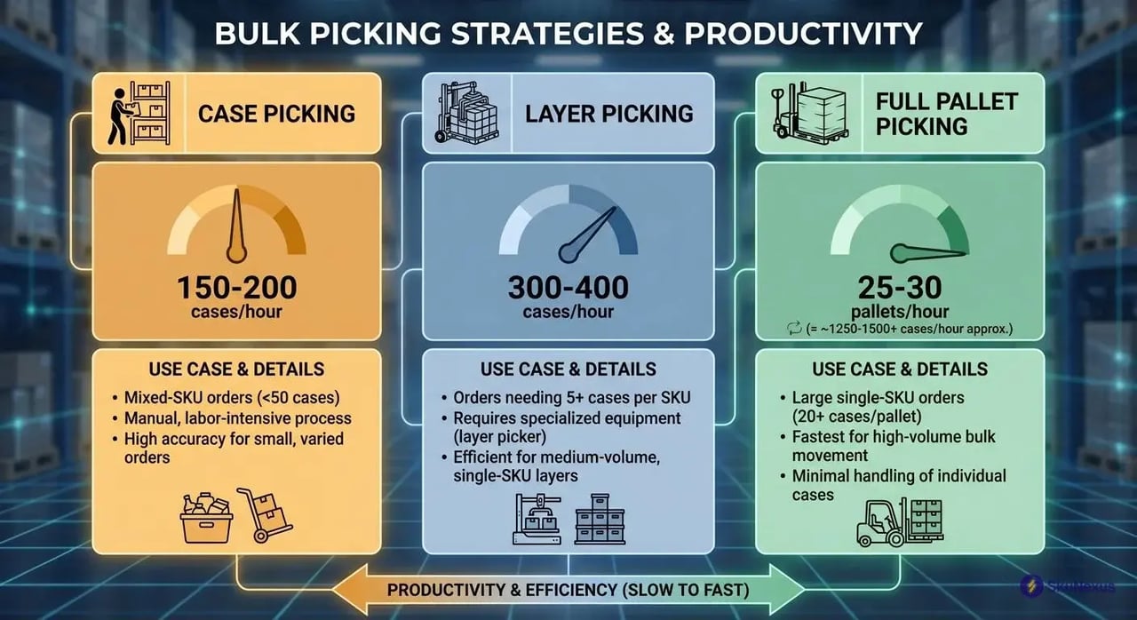 Bulk picking strategies comparison showing case picking, layer picking, and full pallet picking productivity rates