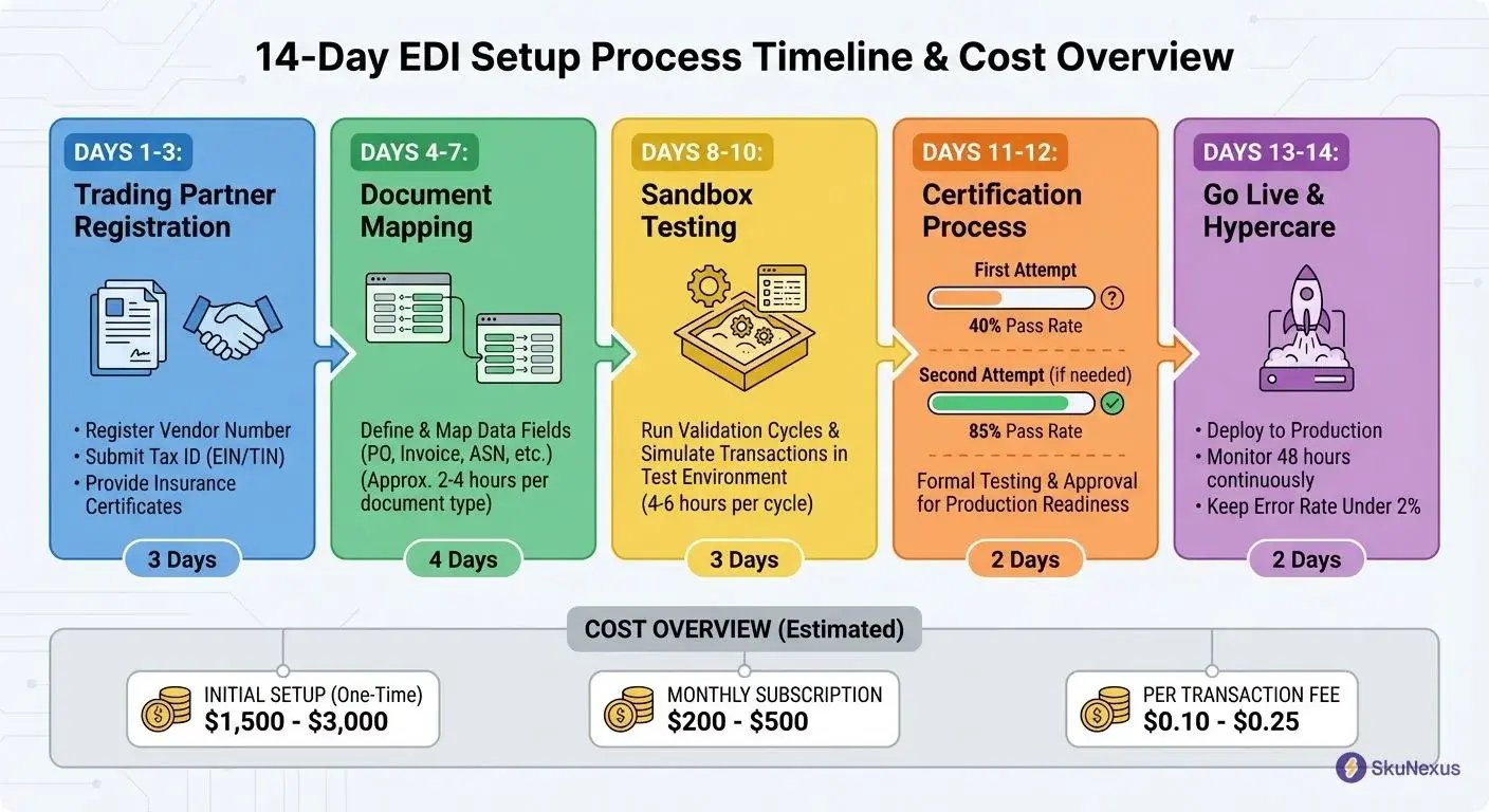 EDI setup 14-day timeline flowchart showing trading partner registration, document mapping, testing, and certification phases