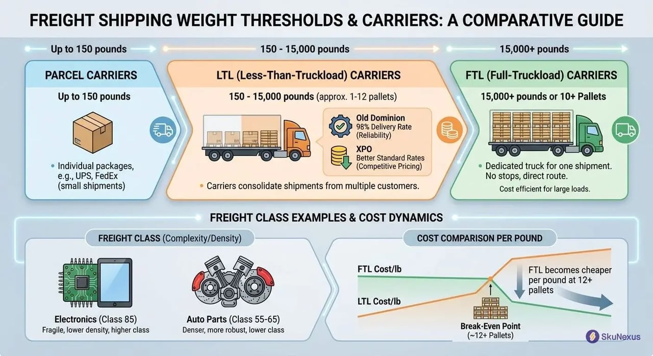 Freight shipping weight thresholds chart showing parcel, LTL, and FTL carrier options with freight class classifications