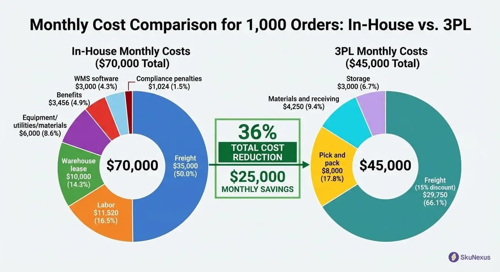 In-house vs 3PL cost comparison pie charts showing $70,000 versus $45,000 monthly costs for 1,000 wholesale orders