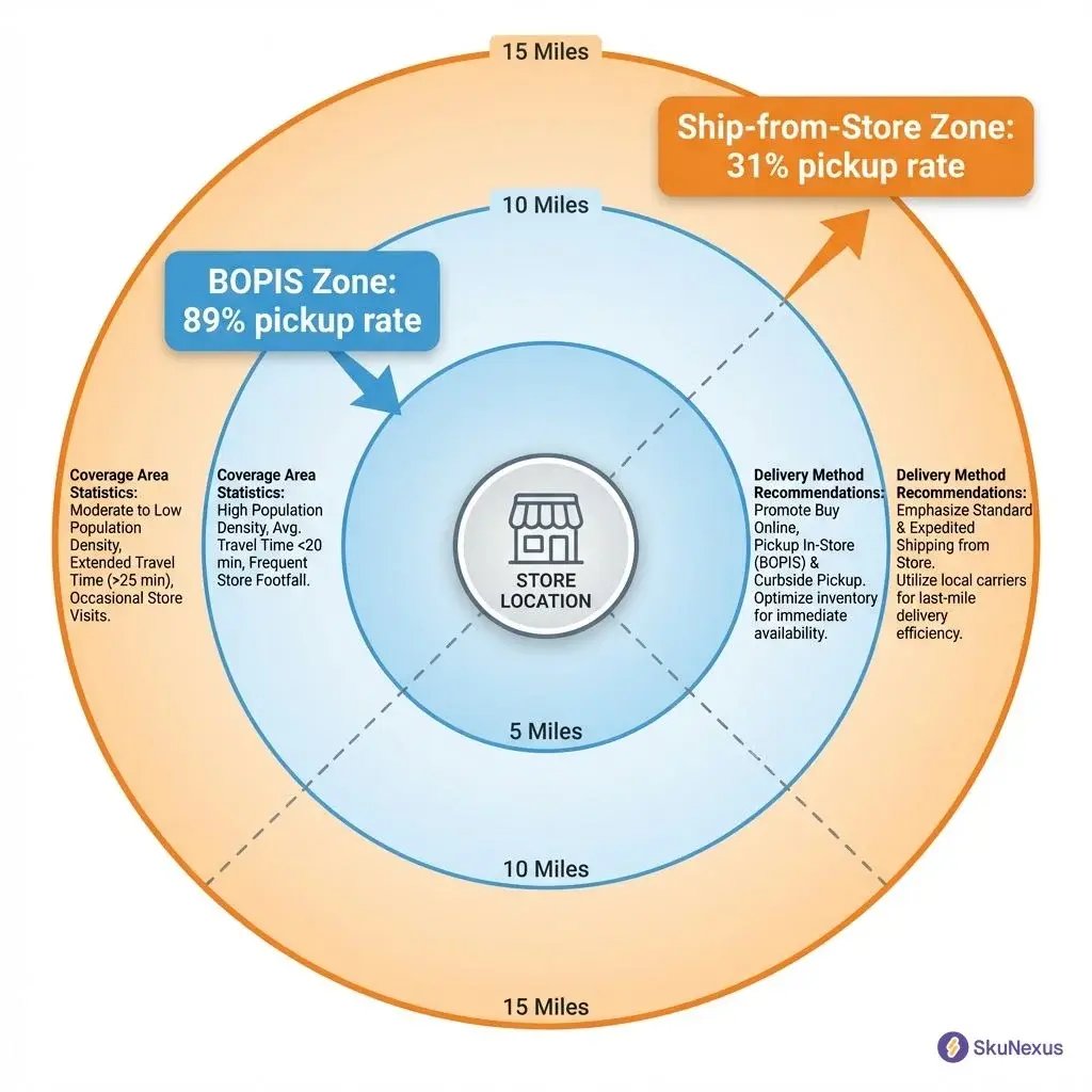 BOPIS 15-mile service zone diagram showing 89% pickup rate within radius vs 31% beyond