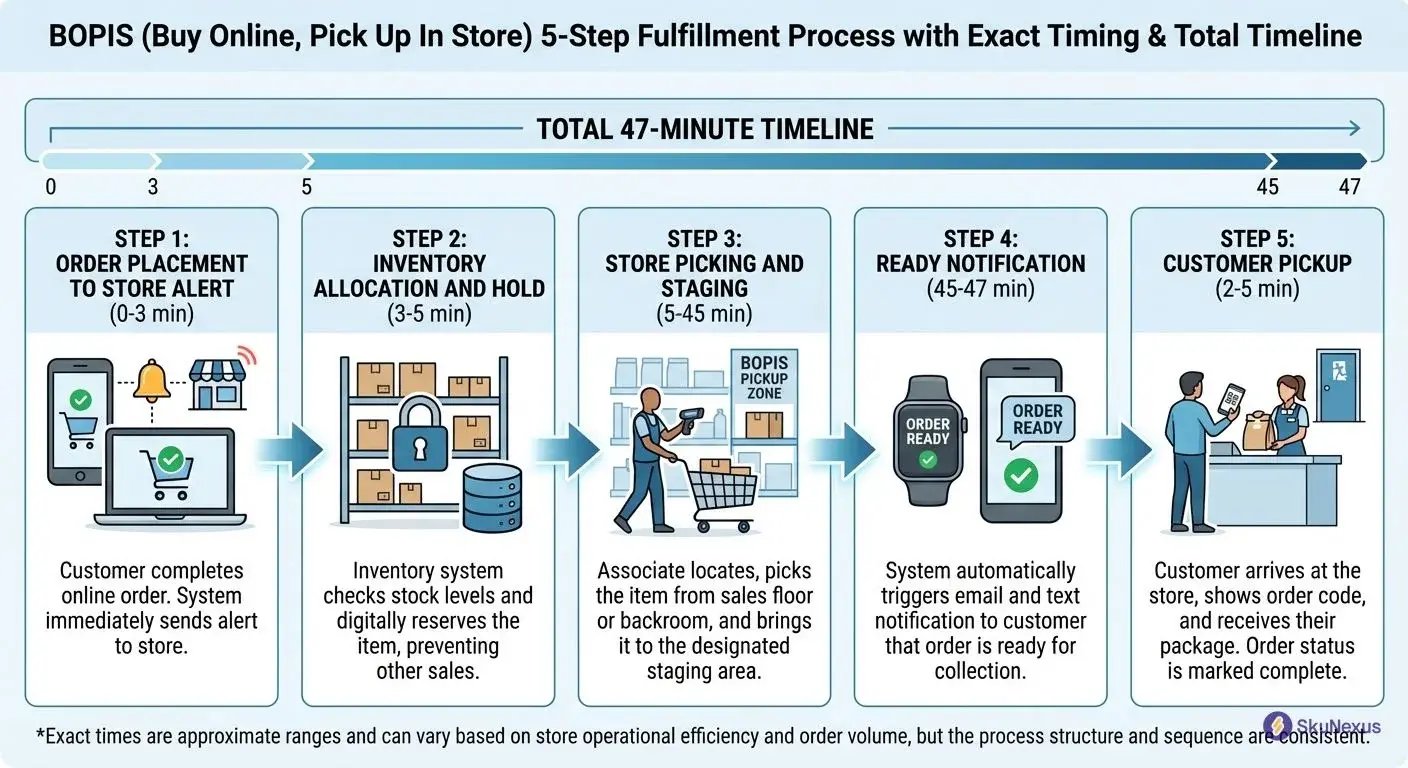 BOPIS fulfillment process flowchart showing 5 steps from order placement to pickup in 47 minutes
