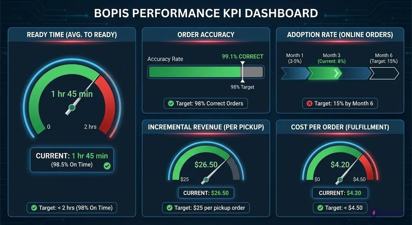 BOPIS implementation KPI dashboard showing 5 critical success metrics with targets and benchmarks