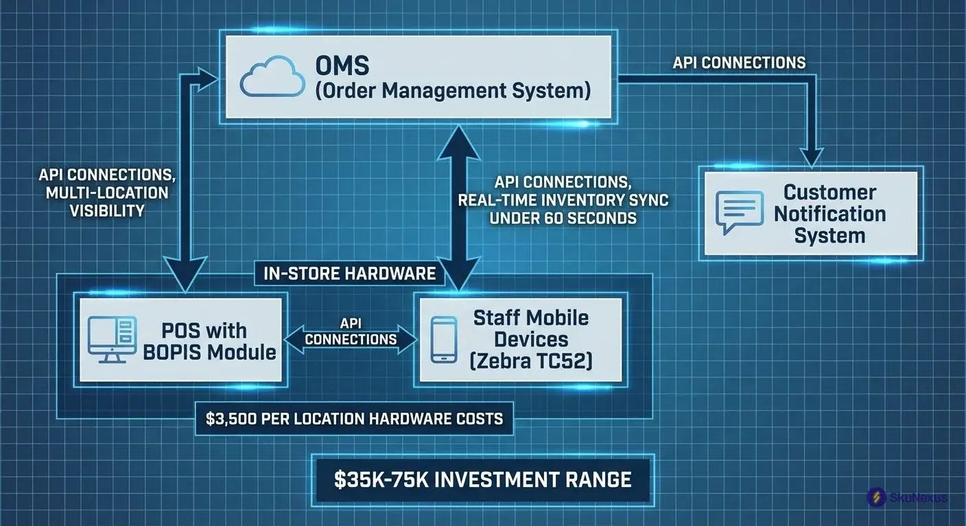 BOPIS technology stack architecture diagram showing OMS, POS, mobile devices and notification systems integration