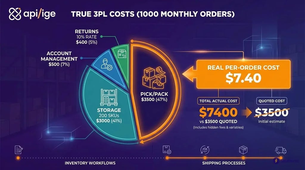 3PL hidden fees breakdown pie chart showing true cost per order versus quoted pricing